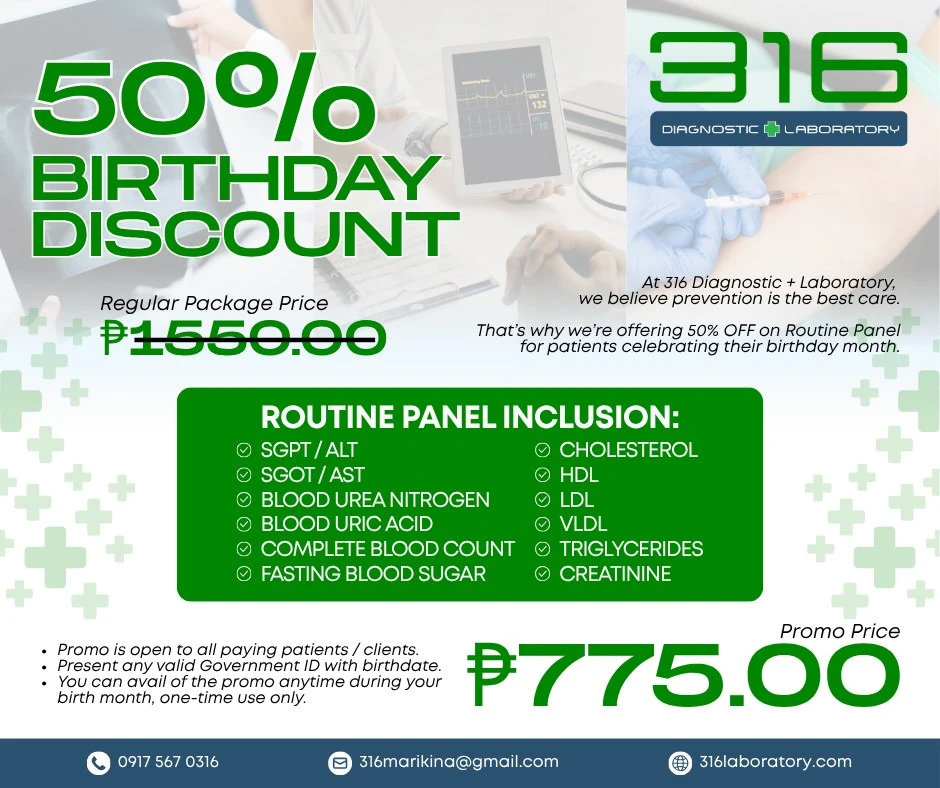 316 Diagnostic + Laboratory Marikina Offers 50% Birthday Promo on Routine Panel
